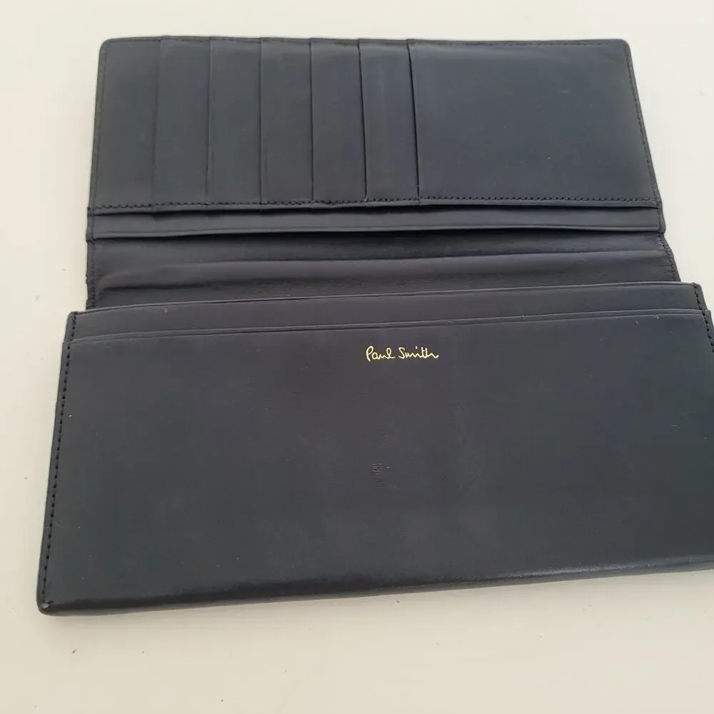 Paul Smith Designer Checkbook Card Bill Holder Wallet Brown Blue Bifold Leather